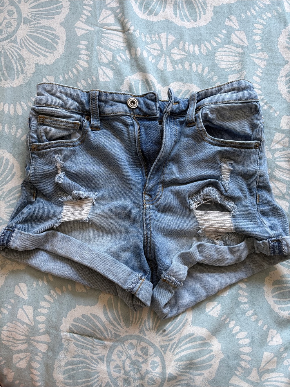 Light Blue Distressed High-Waist Denim Shorts